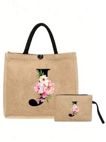 两件套，包含一个粉色花朵黑色字母亚麻手提包（可定制姓名首字母）和一个配套小包，简约优雅，可作为伴娘婚礼礼物、化妆包或旅行收纳包。 - 卡其色 - 查看 17