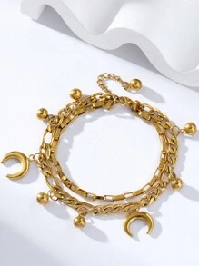 1pc Double-Layer Gold Ball & Moon Pendant Stainless Steel Bracelet For Women, Suitable For Daily Wear - Golden - View 2