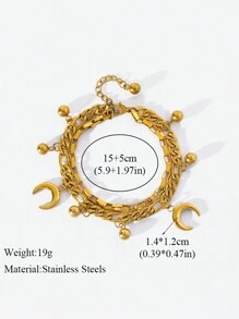 1pc Double-Layer Gold Ball & Moon Pendant Stainless Steel Bracelet For Women, Suitable For Daily Wear - Golden - View 6