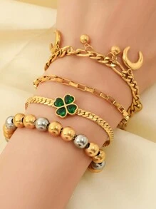 1pc Double-Layer Gold Ball & Moon Pendant Stainless Steel Bracelet For Women, Suitable For Daily Wear - Golden - View 4