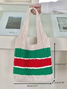 1 件条纹图案 Y2K 新款简约女士日常使用轻便手提包镂空包针织包钩针包沙滩包购物袋夏季书包适合毕业生、青少年、新生、二年级学生、三年级学生和四年级学生，适合大学、大学和高中，非常适合户外、旅行和返校休闲包 - 彩色 - 查看 9