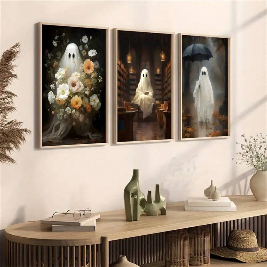 Juego de 3 piezas de arte de pared de lienzo fantasmal caprichoso - sin marco, pósteres modernos de decoración gótica para el estudio, el hogar, la oficina y la sala de estar - ML1167 (sin marco) - Ver 1