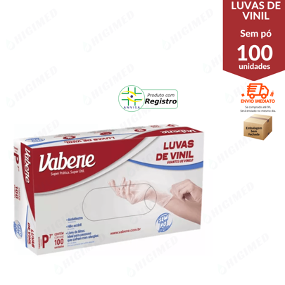 Luva de Vinil sem Pó sem látex com 100 unid - P - Vabene