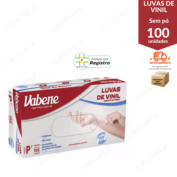 Luva de Vinil sem Pó sem látex com 100 unid - P - Vabene