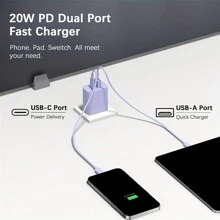 USB-C Wall Charger With Cable, Dual-Port IP Phone Charger 20W PD+OC3.0 Power Adapter, Fast Charging Plug And Cable. - Purple - View 4