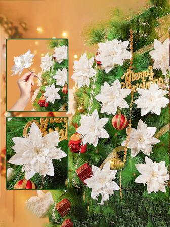 6/12pcs Christmas Artificial Flower Tape Clip And Pole Glitter Tree Decoration Christmas Wedding Party Wreath Home Decoration(White)