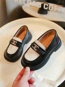 Children's Leather Shoes, New Autumn Spring Design, Black & White Contrast, British Style Princess Shoes, Non-Slip & Wear-Resistant, Slip-On Flat Loafers For Girls - Black - View 6