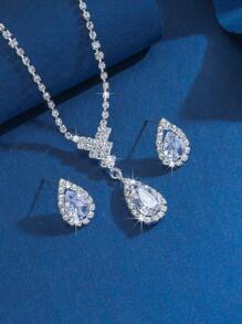 3pcs/set Cubic Zirconia Water-drop Decor Jewelry Set For Women For Party Banquet Wedding - Dusty Blue - View 11