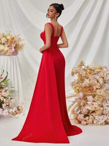 ADYCE Heavy Embroidered Formal Dress With Wide Straps, Draped Side Slit & Open Back For Party/Gala, Elegant Evening Gown, For Wedding Guest, Graduation, Dinner