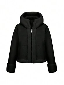 Ladies' Versatile Fluffy Coat With Pocket: Reversible, Simple And Perfect For Fall And Winter - Black - View 8