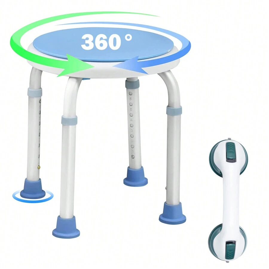 Froadp 360° Swivel Shower Chair Modern Adjustable Height 37-53cm With Non-Slip Rubber Feet Shower Aid Portable Shower Seat Max Load: 136kg - With Handle - View 1