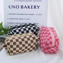 1PC Large Capacity Checkerboard Knitted Pencil Case - Korean Style Dual-Use Stationery/Makeup Bag (Black/Blue/Pink) - Multicolor - View 3