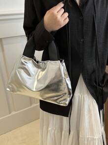 Túi Tote Lớn Màu Kẹo Holographic Bóng, Túi Xách Nữ Đi Học, Đi Làm, Mua Sắm - Bạc - Xem 5