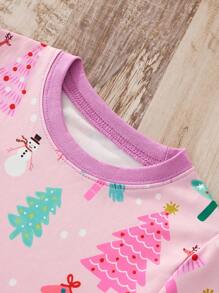 少女卡通圣诞树图案长袖上衣长裤套装，秋冬时尚 - 粉色 - 查看 5