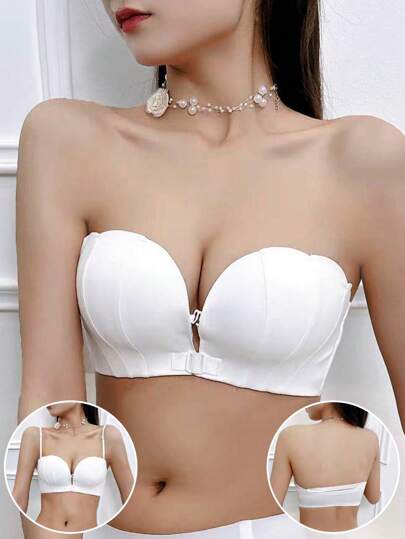 Women Seashell Pattern Wireless Push-Up Front-Closure Bra, Backless & Strapless Wedding Bra (For Small Bust),