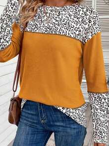 Plus Size Fashion Leopard Print Color Block Long Sleeve T-Shirt - Yellow - View 1