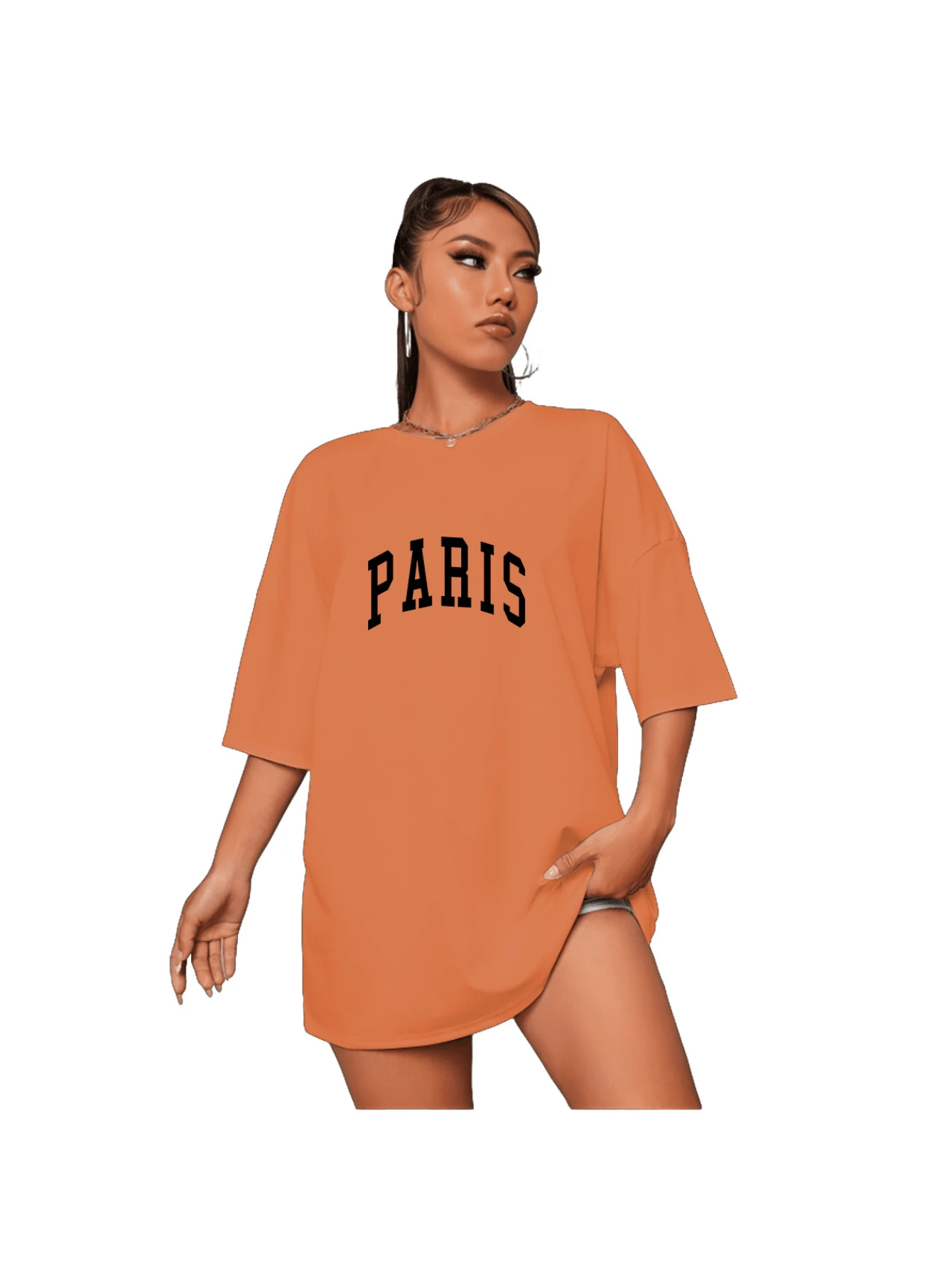 Oversized Streetwear Paris Street Style T-Shirt Women - 橘色 - 查看 1