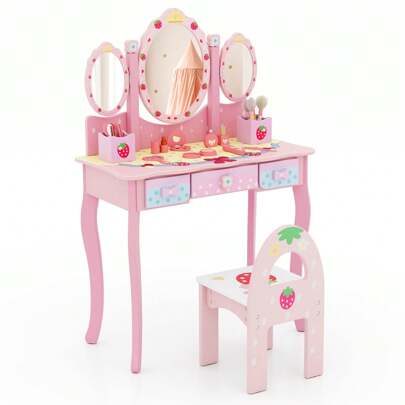 Kids Vanity Table And Chair Set, 2-In-1 Makeup Table With Detachable Tri-Folding Mirror And Drawers, Pretend Kids Vanity Set For Little Princess, Pink