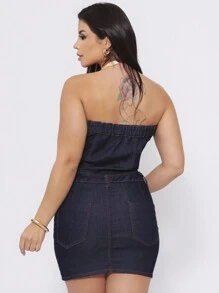 Short Strapless Denim Dress With Lycra - 深色水洗藍 - 查看 2