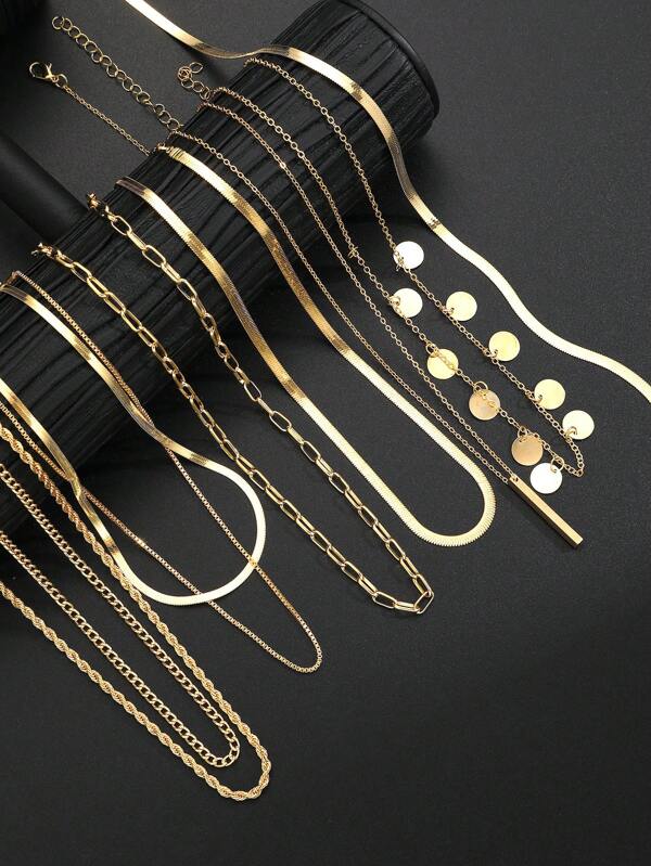 8 piezas Conjunto elegante, minimalista y vintage de collares de metal con diseños geométricos circulares, rayas verticales, cadenas tipo hueso de serpiente, cadenas trenzadas, ideal para vacaciones, fiestas, uso diario y como regalo