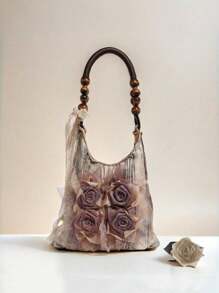 New Retro Grass Tie-Dye Rose Flower Bag Pleated Armpit Bag Commuter Tote Bag Shoulder Handbag Valentines - 杏色 - 查看 3