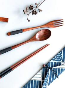 3件套木制餐具套装，木制便捷餐具勺筷叉，厨房，圣诞礼物，学校用品