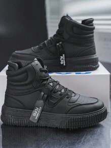 高帮男女休闲运动鞋 - 厚底，圆头，皮革鞋面，适合滑板、户外、街舞、街头服饰，白色