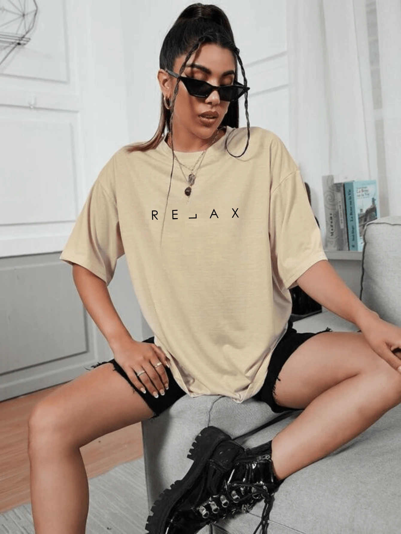 Oversized Streetwear T-Shirt Relaxed Print 100% Cotton - Màu be - Xem 1