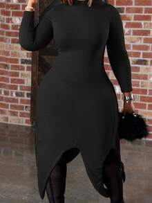 大码女式纯色不对称开衩长袖连衣裙 - 黑色 - 查看 1