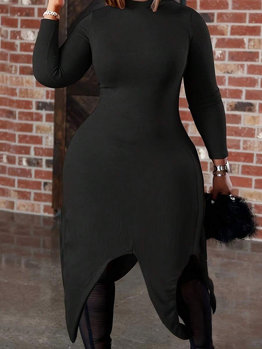 大码女式纯色不对称开衩长袖连衣裙 - 黑色 - 查看 1