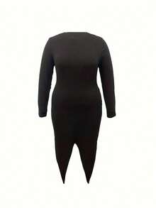 大码女式纯色不对称开衩长袖连衣裙 - 黑色 - 查看 3