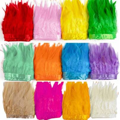 1Meter Saddle Rooster Feathers Trim Fringe, 9-14cm/3.54-5.5inch Nature Pheasant Feather Ribbon Selvage, For Party Dresses DIY Wedding Dress Decoration Crafts Accessories Sewing Of Fringed Feather Trimmed Clothing Feather