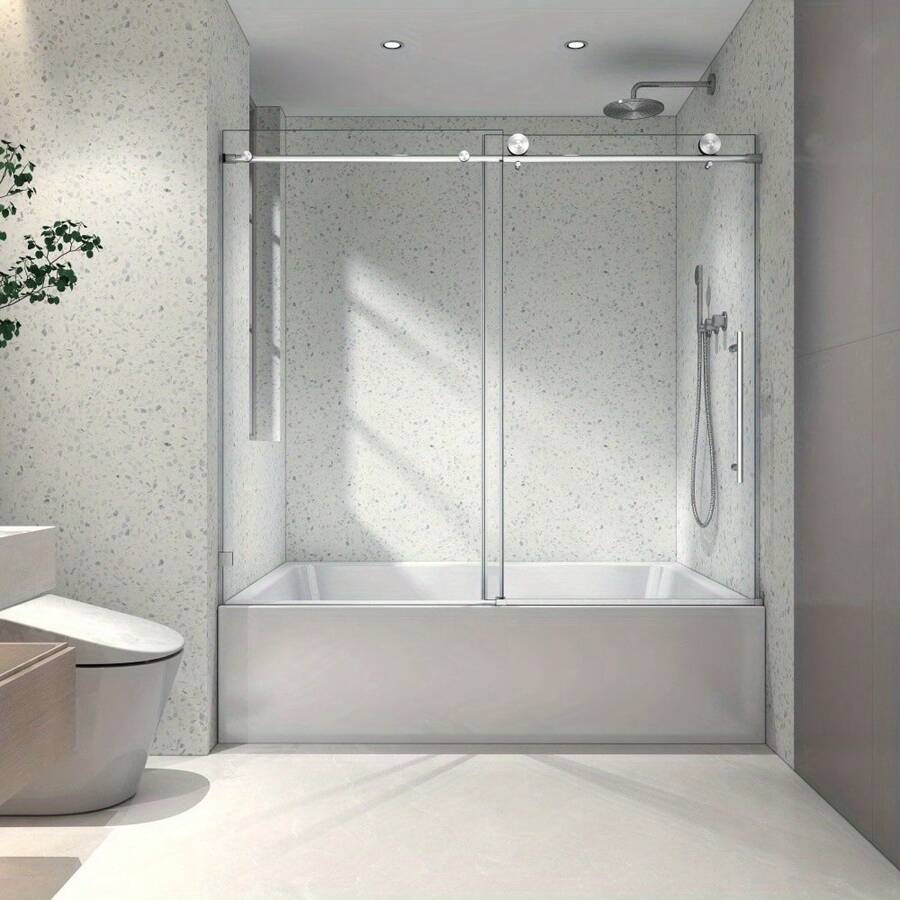 6063 Frameless One Fixed And One Shifted Shower Door, 2 3/4inches 70MM 304 Stainless Steel Large Pulleys With Adjustable Soft Closing Function - 拉絲鎳+玻璃+金屬+美式設計+極簡 - 查看 1