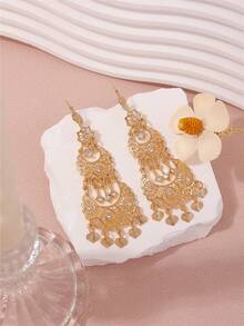 1 对优雅镂空花卉吊坠耳环，多层波西米亚心形金属耳环，适合新娘、婚礼、派对、节日佩戴 - 耳環 - 查看 9