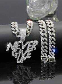 1 件 Never Give Up 吊坠、男士项链、冰晶魅力链首饰，适合日常佩戴
