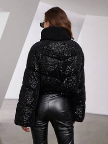 ZIAI High Quality Sequin Fur Trimmed Fashion Winter Warm Fur Hooded Women's Short Padded Coat - Black - View 5