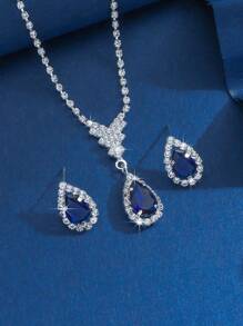 3pcs/set Cubic Zirconia Water-drop Decor Jewelry Set For Women For Party Banquet Wedding - Dusty Blue - View 9