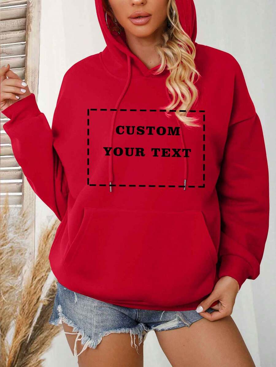 Custom Text Women's Hooded Sweatshirt - Personalize Add Your Own Text/Name To Design Your Personalized Printed Sweatshirt, Women Tops ,Fall Tops ,Red Top,Custom Top,Custom Sweatshirt,Winter Clothes,Personalized Text,Red Long Sleeve - Red - View 1