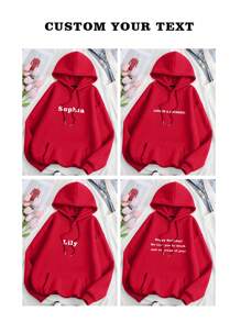 Custom Text Women's Hooded Sweatshirt - Personalize Add Your Own Text/Name To Design Your Personalized Printed Sweatshirt, Women Tops ,Fall Tops ,Red Top,Custom Top,Custom Sweatshirt,Winter Clothes,Personalized Text,Red Long Sleeve - Red - View 3