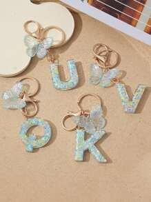1pc Creative Keychain With Letter Stone Resin Pendant, Butterfly Tassel Letter Charm Keyring For Girls - White - View 5