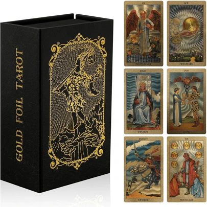 78 Cartas Originales de Tarot con Lámina de Oro con Caja de Regalo Negra, Cartas de Tarot Waite Únicas con Lámina de Oro, Cartas de Tarot con Significado, Cartas de Tarot en Caja, Resistentes al Agua y a las Arrugas, Adecuadas para Principiantes hasta Personas Avanzadas Profesionales, Adivinación del Futuro Resistente al Agua y Duradera, Predicción.