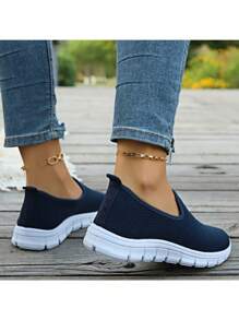 1 Đôi giày bệt lưới dệt kim thông thường dành cho nữ, giày thể thao đi bộ thoáng khí - Màu xanh lam - Xem 7