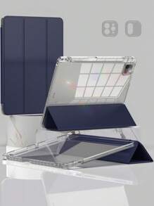 透明平板电脑保护套兼容 Ipad Pro 12.9 兼容 Ipad 7/8/9th 10.2 第 10 代 Air 4 5 10.9 Pro 11 4/5/6th 9.7 5th 6th Mini 6 保护套带三折保护套带亚克力后壳和铅笔架 - 深藍色 - 查看 9