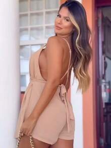 Women's Short Jumpsuit With Neckline And Tie-Up Candy Colors - 米色 - 查看 2