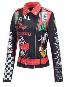 Faux Women's Leather Jacket  Studded Studded  Floral Motorcycle Biker Coat - 黑色 - 查看 3