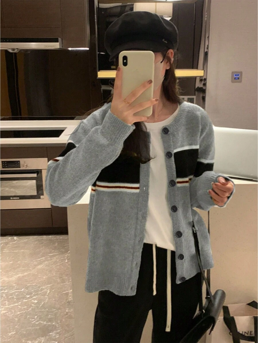 Women's Casual Striped Round Neck Long Sleeve Single-Breasted Cardigan, Autumn/Winter