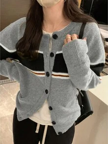Women's Casual Striped Round Neck Long Sleeve Single-Breasted Cardigan, Autumn/Winter