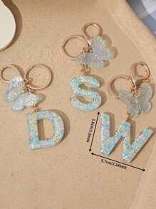1pc Creative Keychain With Letter Stone Resin Pendant, Butterfly Tassel Letter Charm Keyring For Girls - White - View 10
