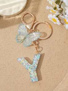 1pc Creative Keychain With Letter Stone Resin Pendant, Butterfly Tassel Letter Charm Keyring For Girls - White - View 11