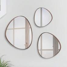Decorative Organic Mirror Trio Kit Leather Edge Various Colors Modern For Office Living Room Bedroom Bathroom + Hanger - Café integral - Ver 4